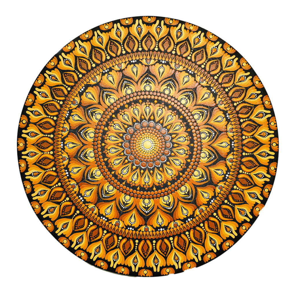 golden mandala art with black base i 24 inch round canvas by hastqala