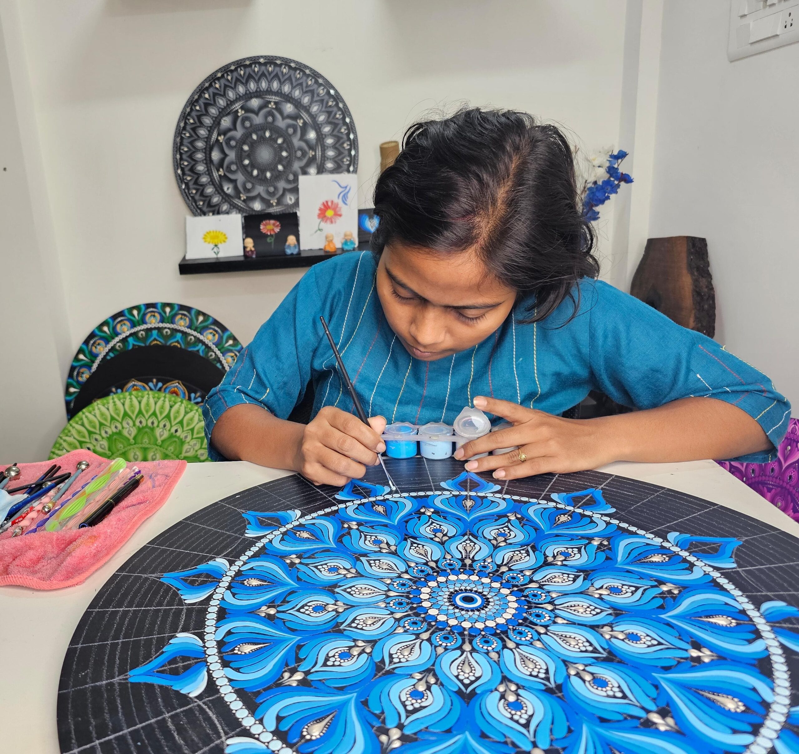 evil eye blue mandala art | 22 inch round wall decor evil eye blue mandala art | 22 inch round wall decor